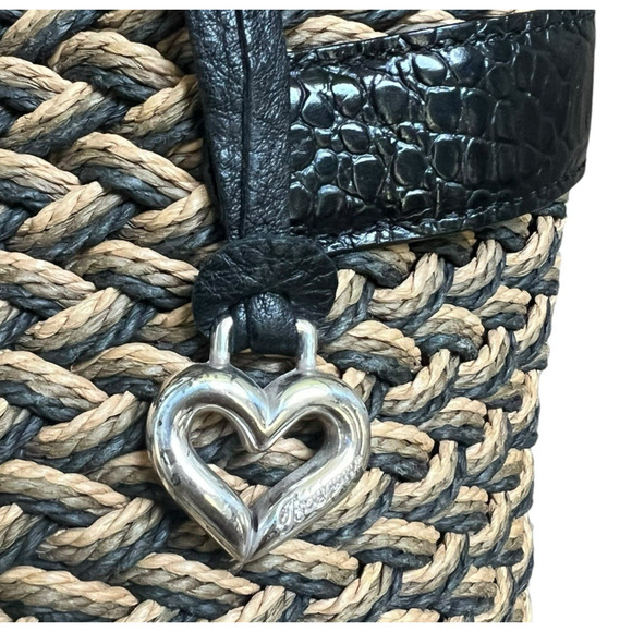Brighton Woven Tan Straw Shoulder Bag Handbag Purse Black Croc Leather Handles - Picture 6 of 15